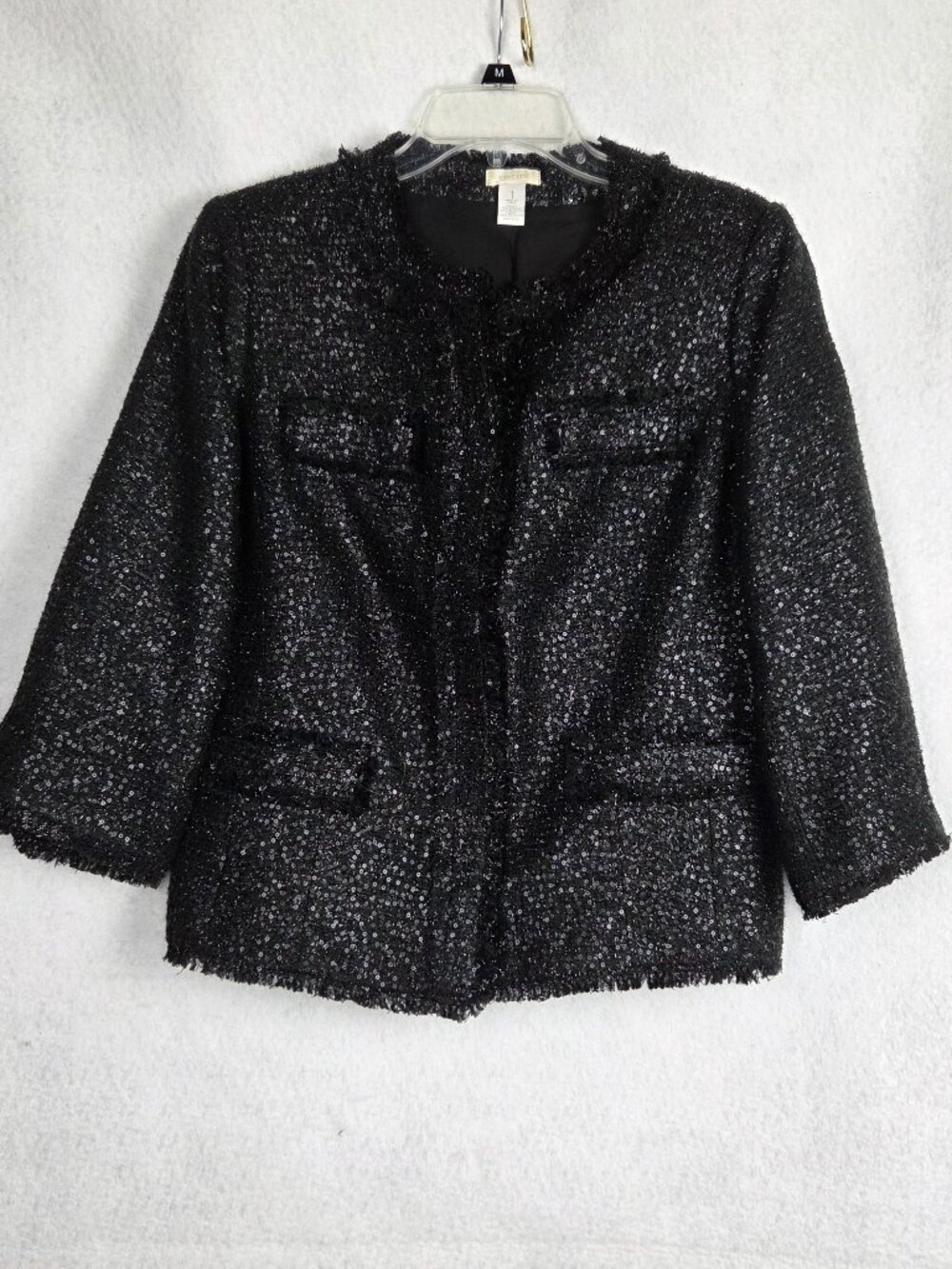 Chico's Noelle Goldie Tweed Sequin Black Jacket Size 1